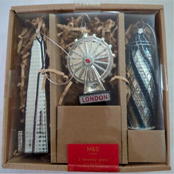 Marks and Spencer M&S Set 3 London Glass Ornaments Shard, Gherkin & London Eye - Picture 1 of 4